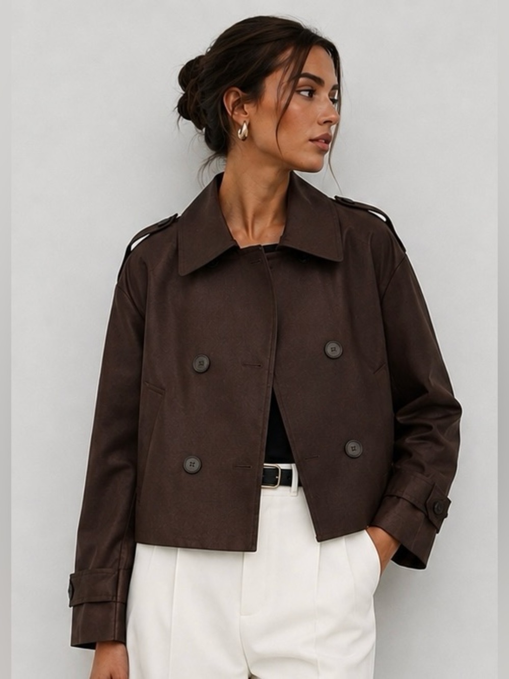 Zara NWT Brown Cropped Trench Coat Double Breasted Belted Cuffs